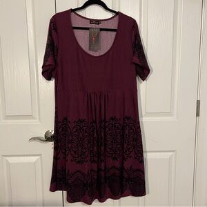 NWT Reborn Collection Plum Lace Print Cap Sleeve Empire Waist Dress (2X)